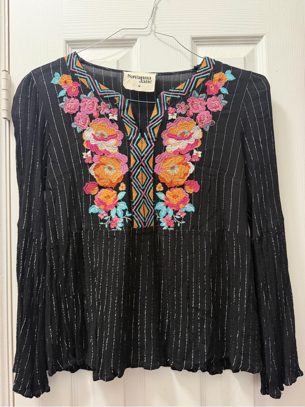 Savanna Jane Black Long-sleeve Top with Pink, Teal & Gold Embroidery